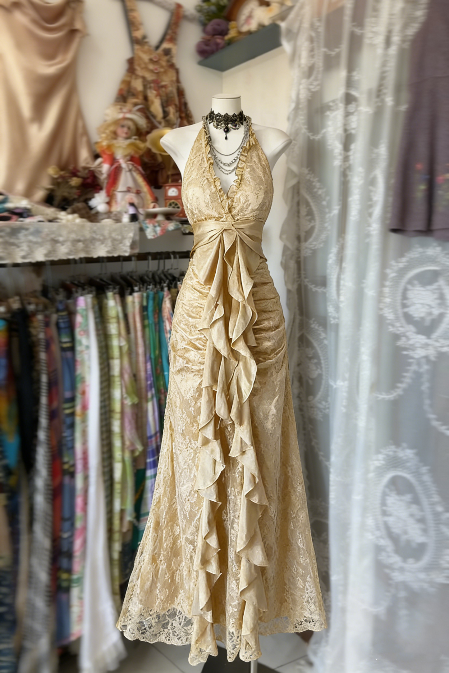 Vintage Mermaid Halter Sleeveless Long Black Lace Evening Dress Prom Dresses SD1908