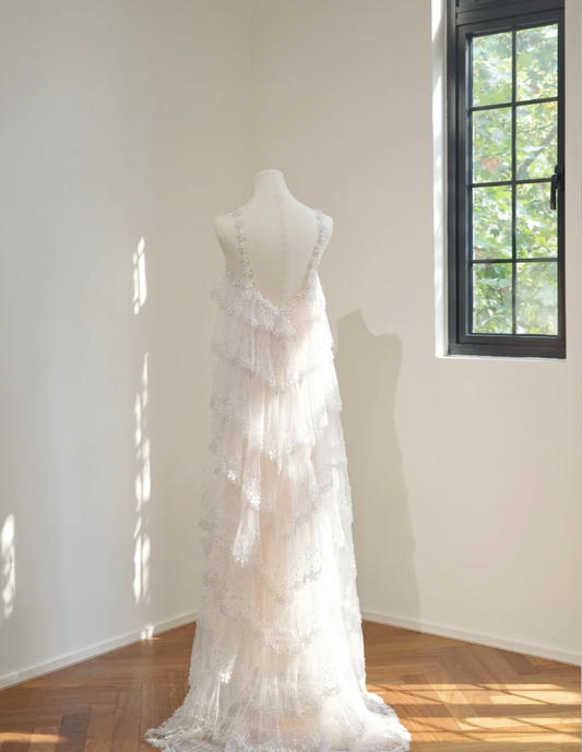 Classy Spaghetti Straps Tulle Sequin Beaded Layered Long Birthday Prom Dress Party Gown D2160