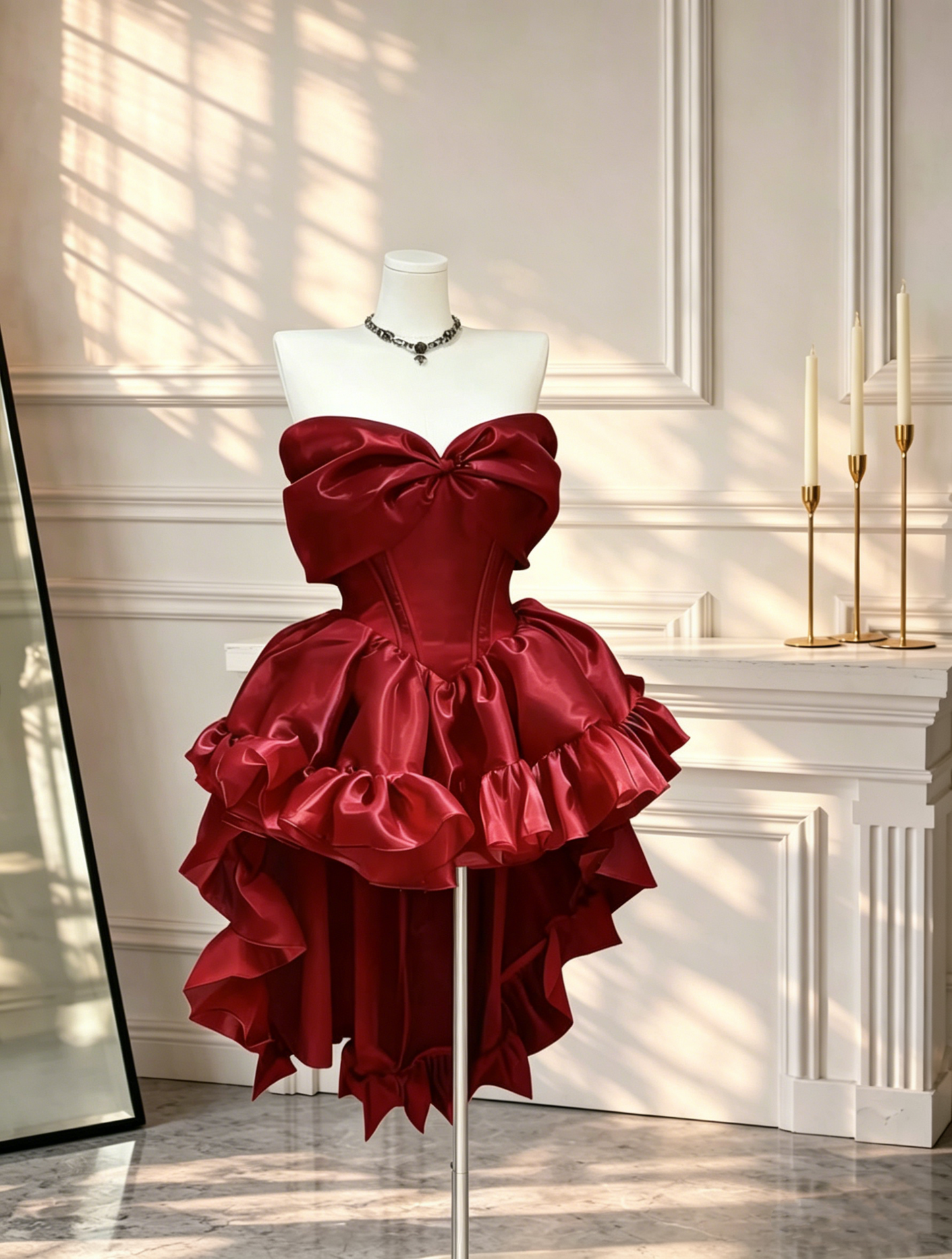Sexy Bow Strapless Satin Ruffles Mini Cocktail Dress Red Satin Short Graduation Homecoming Dress D2585