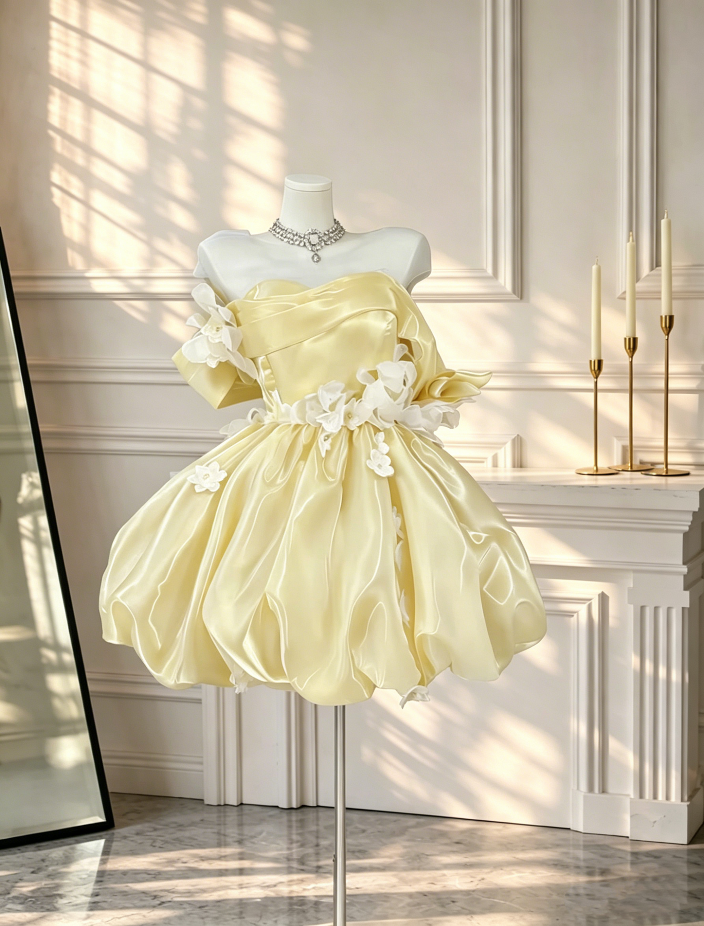 Glamorous Off The Shoulder A Line Short Birthday Outfits Yellow Satin Appliques Mini 9th Grade Homecoming Dress D2597