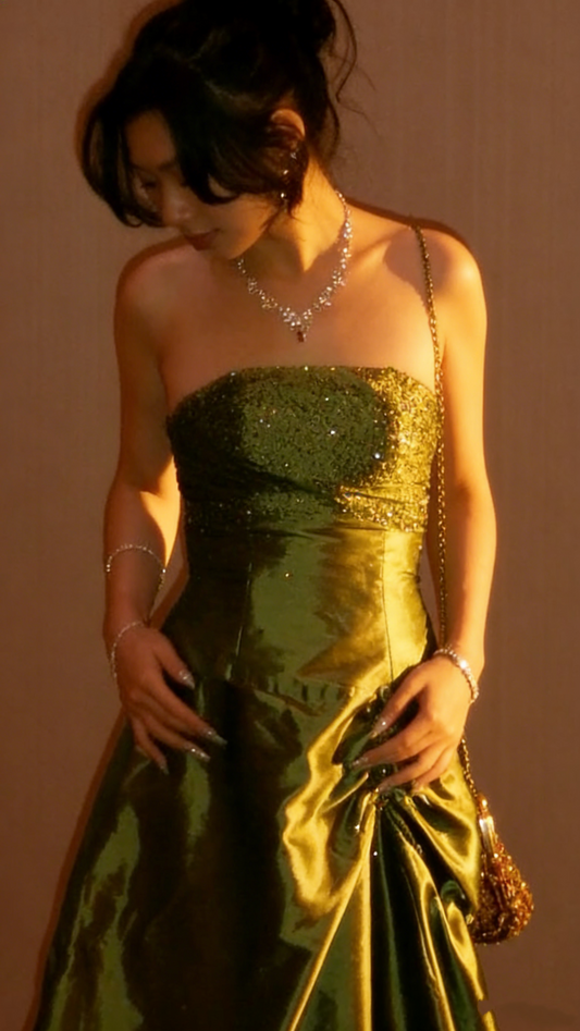 Elegant Olive Green Strapless Satin Sequin Long Birthday Party Dress Evening Gown D1505