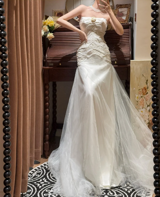 Classy Strapless White Satin Beaded Tulle Mermaid Long Evening Dress Formal Birthday Party Gowns D2047