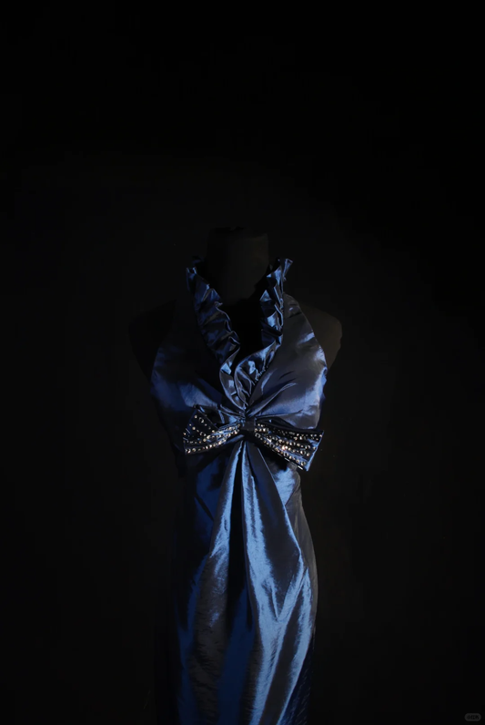 Sexy Navy Blue Satin Beaded Sheath Short Graduation Homecoming Dress,Halter Mini Birthday Dress D3297