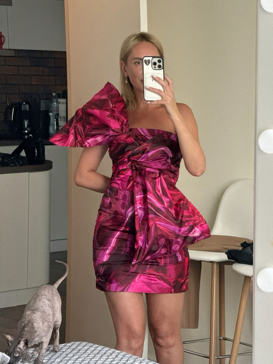 Unique Fuchsia Bow Satin Print Floral Bodycon Cocktail Dress,Short 9th Grade Homecoming Dress D3580