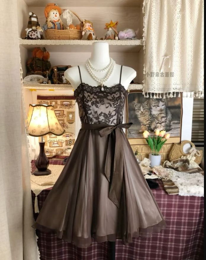 Vintage Satin Lace A Line Short Party Dress Brown Homecoming Dress S270