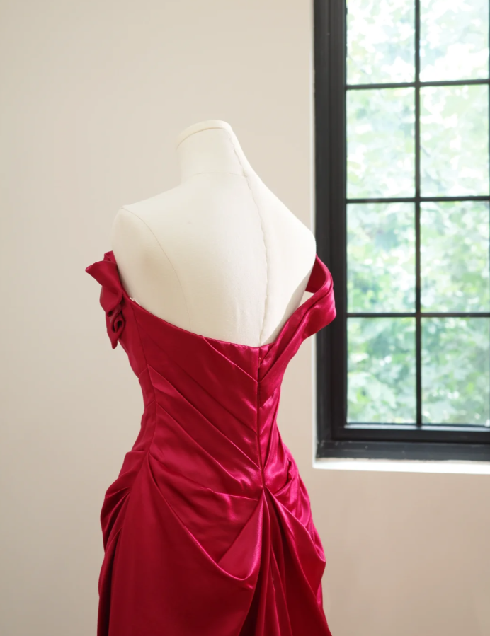Pretty One Shoulder Red Satin Pleated Long Wedding Guest Dress Formal Birthday Party Dress D2170
