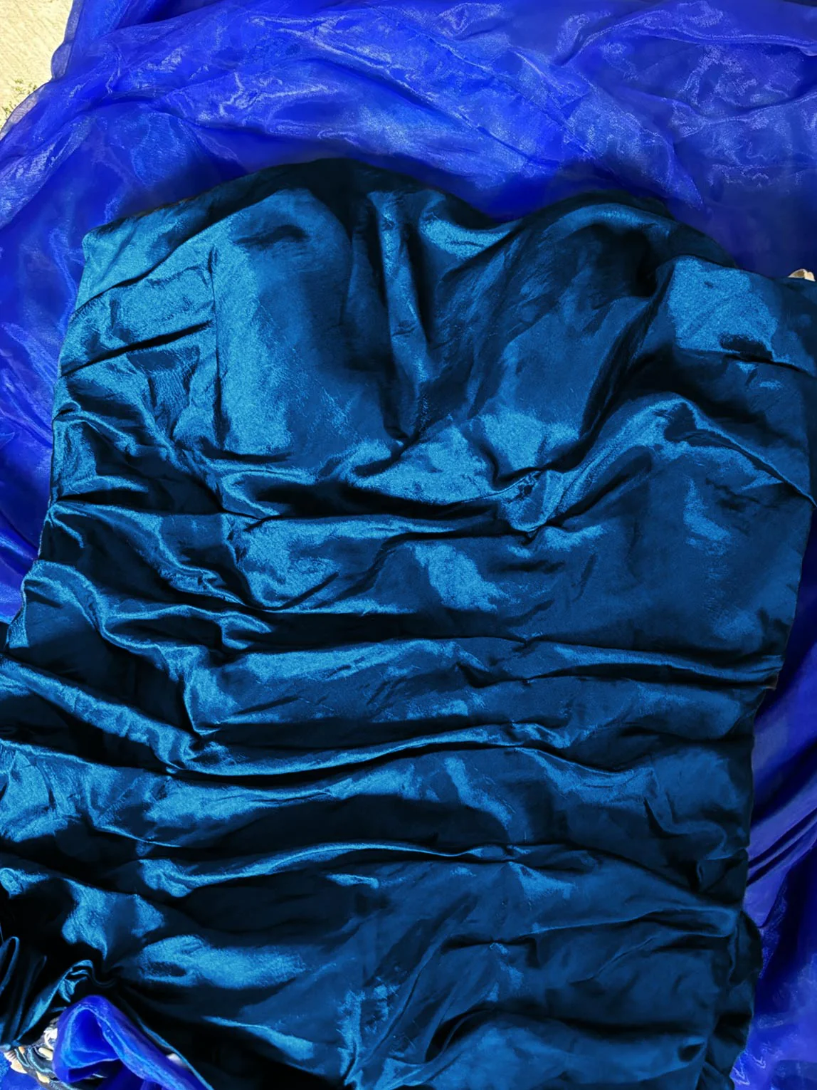 Retro Strapless Satin Tulle Mermaid Evening Dress,Blue Long Party Dress Prom Gown With Flowers D2011