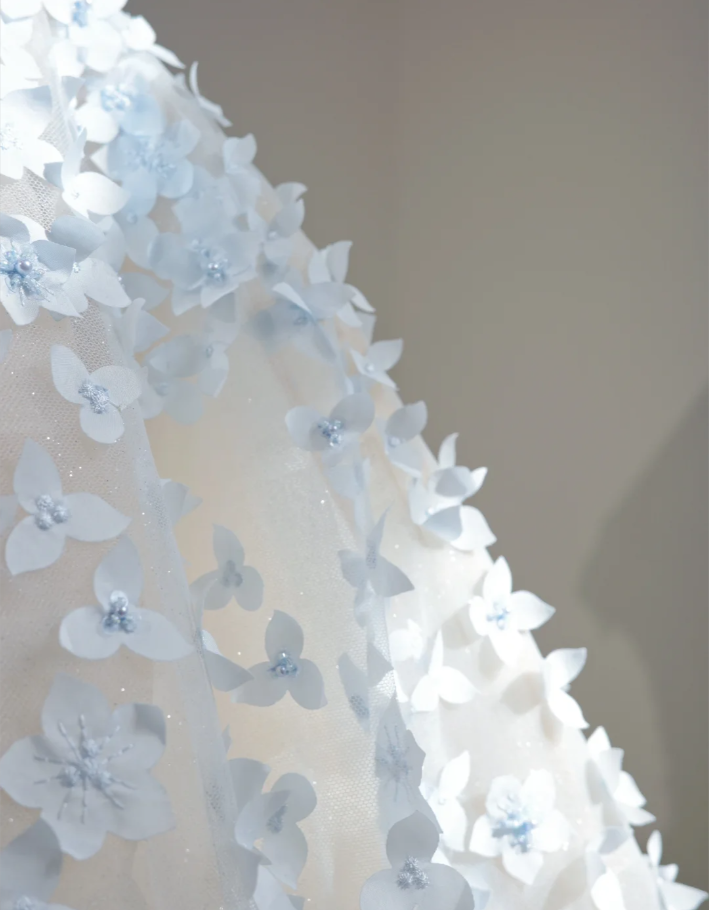 Fairy Strapless Blue Tulle 3D Flowers Beaded Ball Gown Pretty Long Wedding Dress D2158