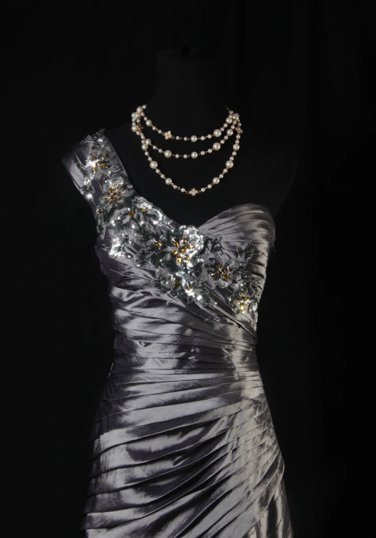 Fashion One Shoulder Satin Pleated Mermaid Long Party Dress Gray Birthday Prom Dress With Sequins D2228