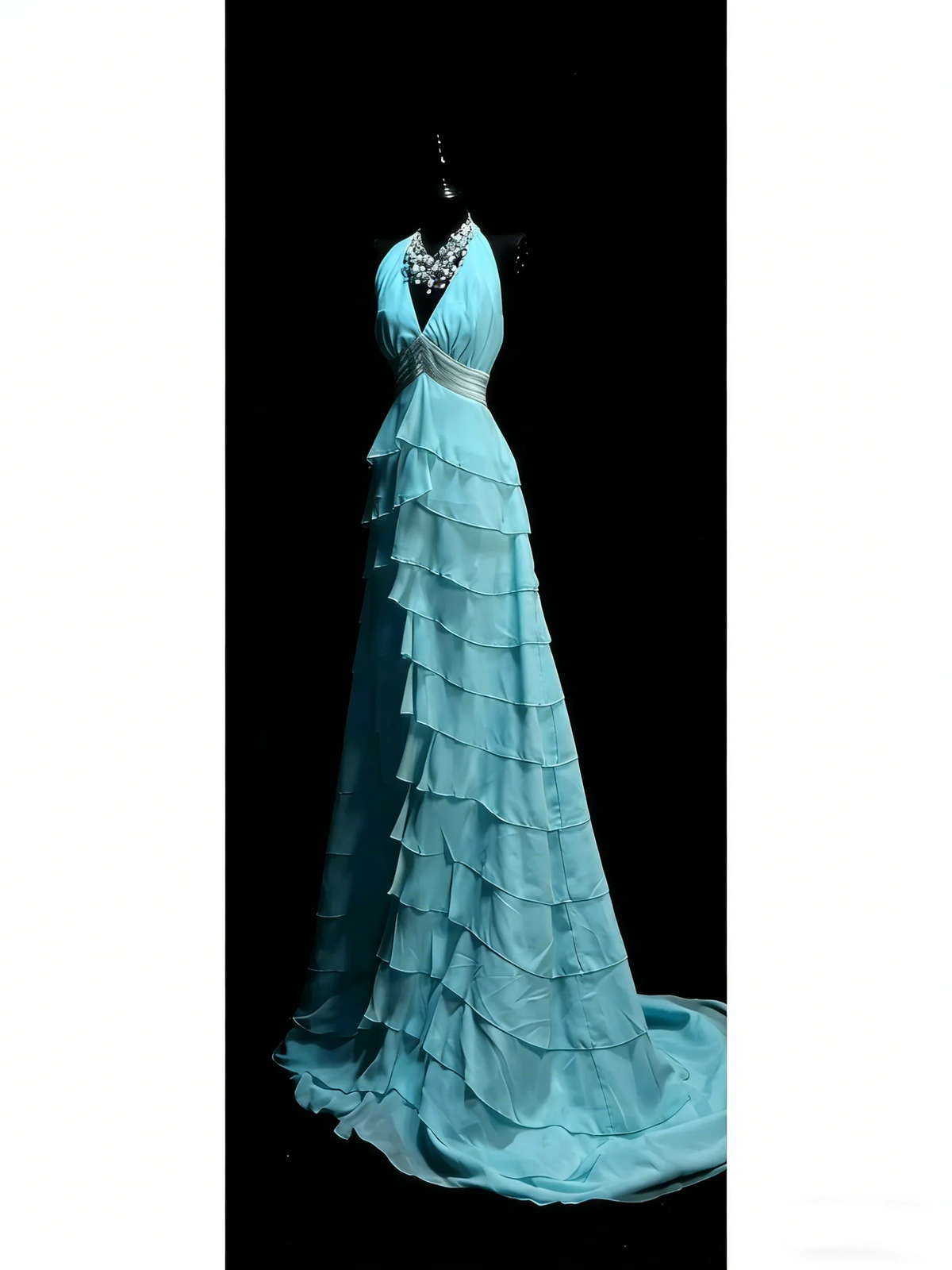 Classy Halter V Neck Blue Chiffon Tiered Ruffle Mermaid Long Party Dress Evening Dress D4890