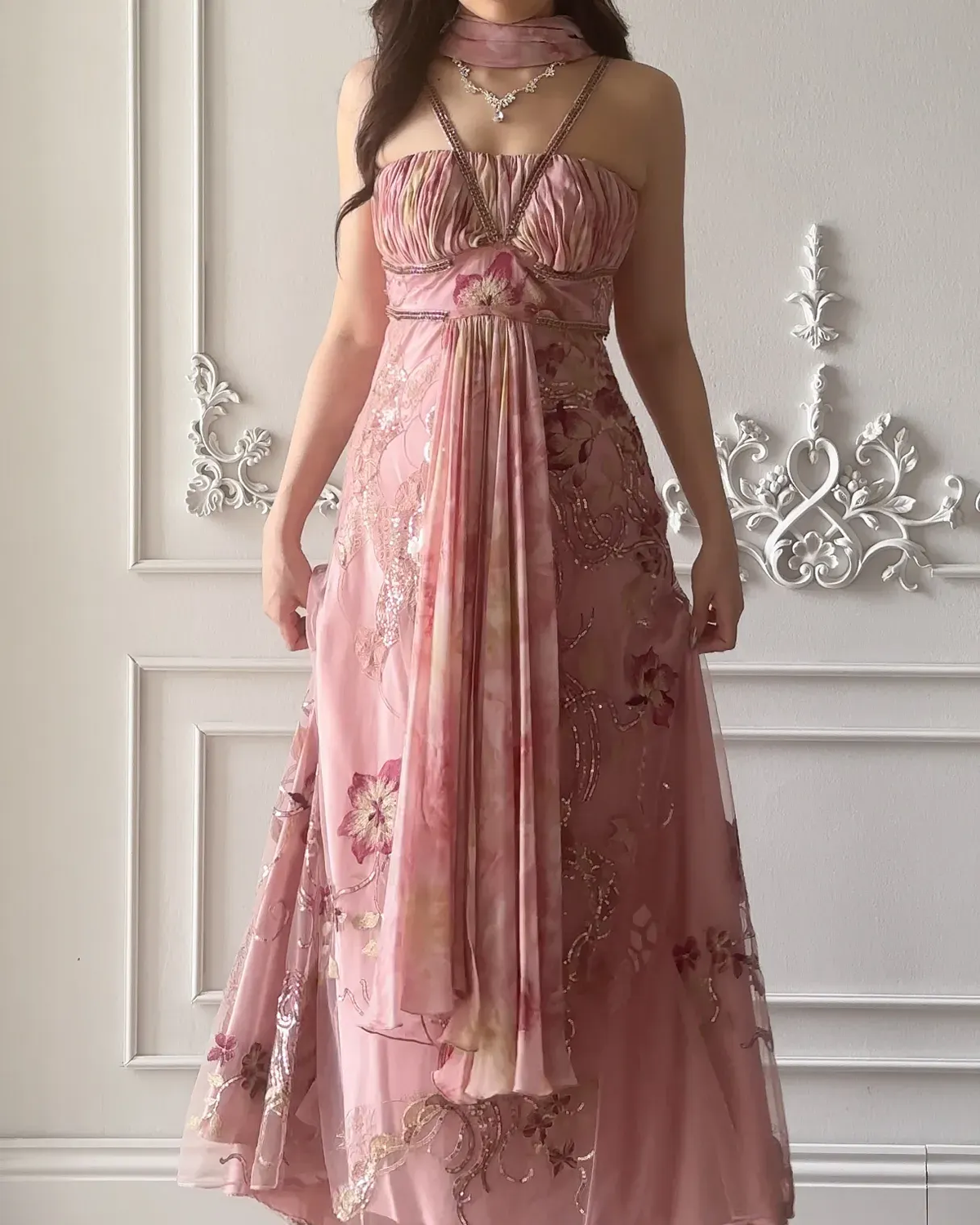 Pretty Dusty Pink Chiffon Floral Beaded Evening Gown,Halter Mermaid Long Party Dress D5422