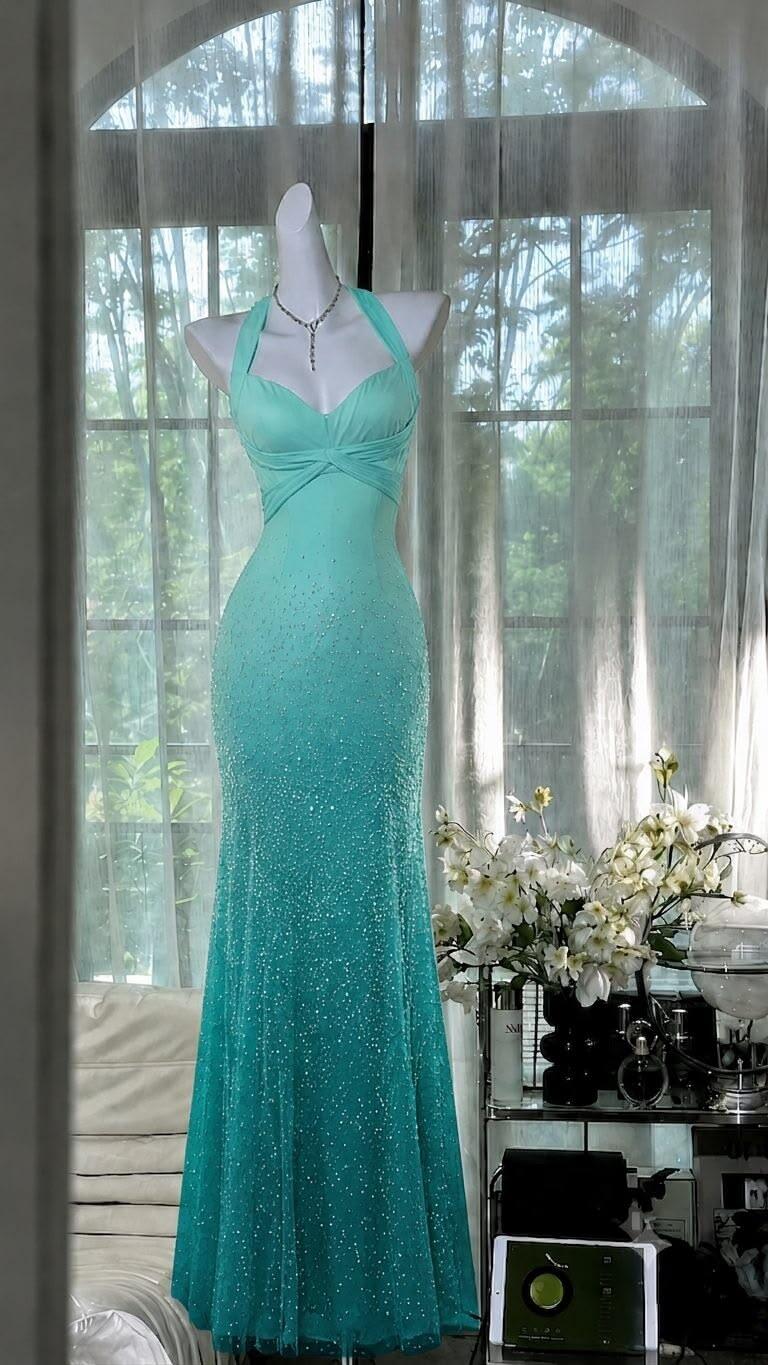 Classy Ombre Mint Green Chiffon Beaded Mermaid Party Dress Long Birthday Prom Gown D4108