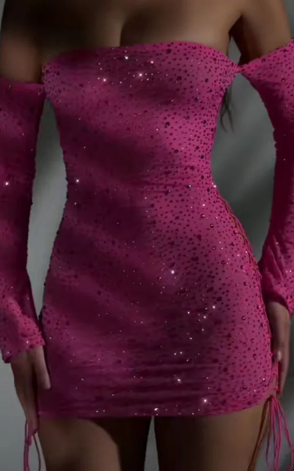 Sparkly Pink Off The Shoulder Satin Beaded Mini Cocktail Dress 20th Birthday Outfits S937