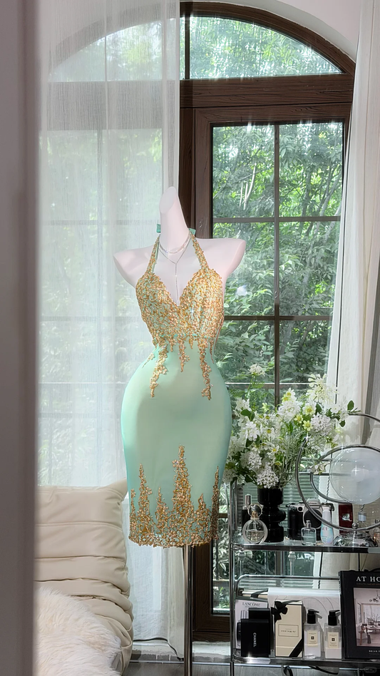 Classy Mint Green Chiffon Lace Sheath Short 16th Birthday Outfits ,Halter Short Homecoming Dress D3354