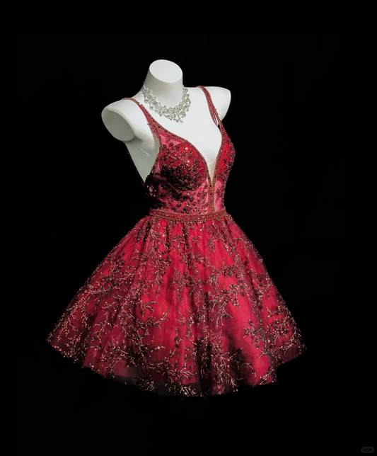 Retro Burgundy Spaghetti Straps Tulle Sequin Beaded A Line Short Homecoming Dress Birthday Outfits D3244