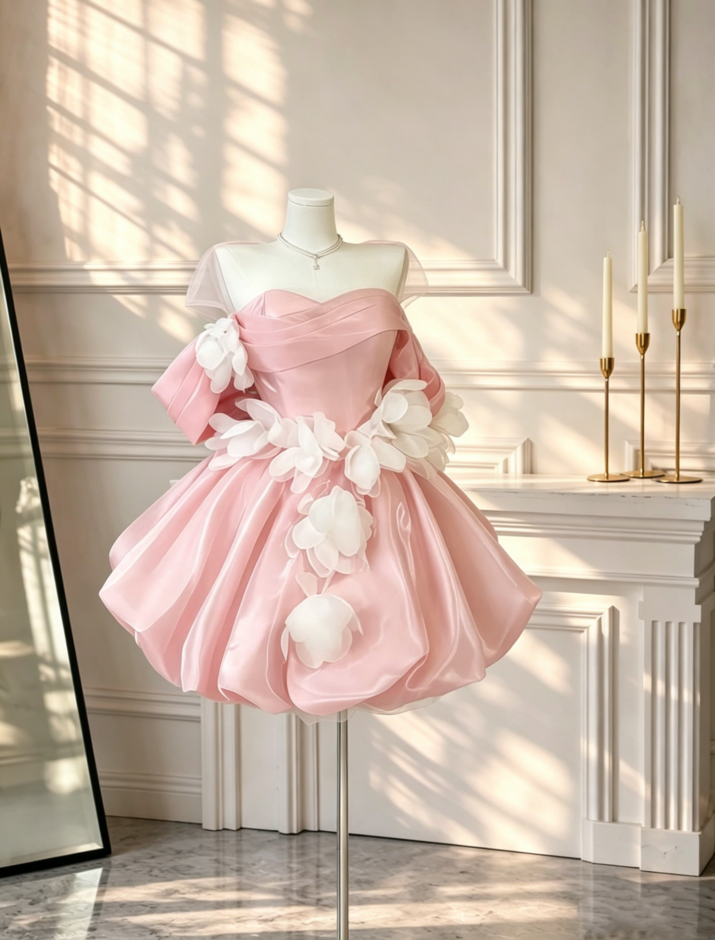 Sweet Tulle Satin Applique Short Party Dress Pink A Line 6th Graduation Homecoming Dress D2532
