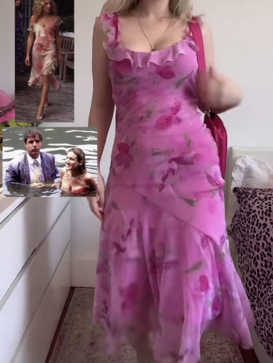 Classy Hot Pink Chiffon Print Floral Mermaid Long Party Dress Evening Dress D3412