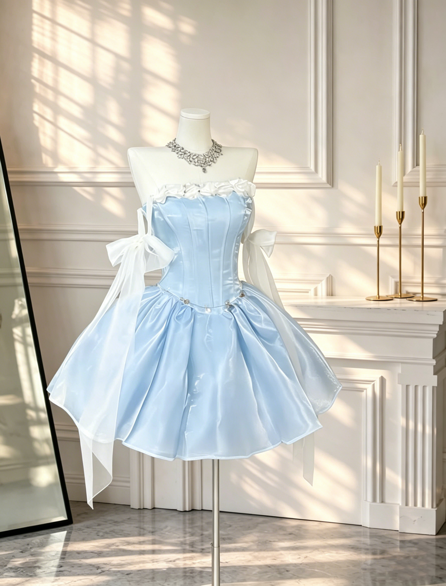 Classy Bow Straps Satin Tulle Short Birthday Outfits Blue A Line Homecoming Dress D2616