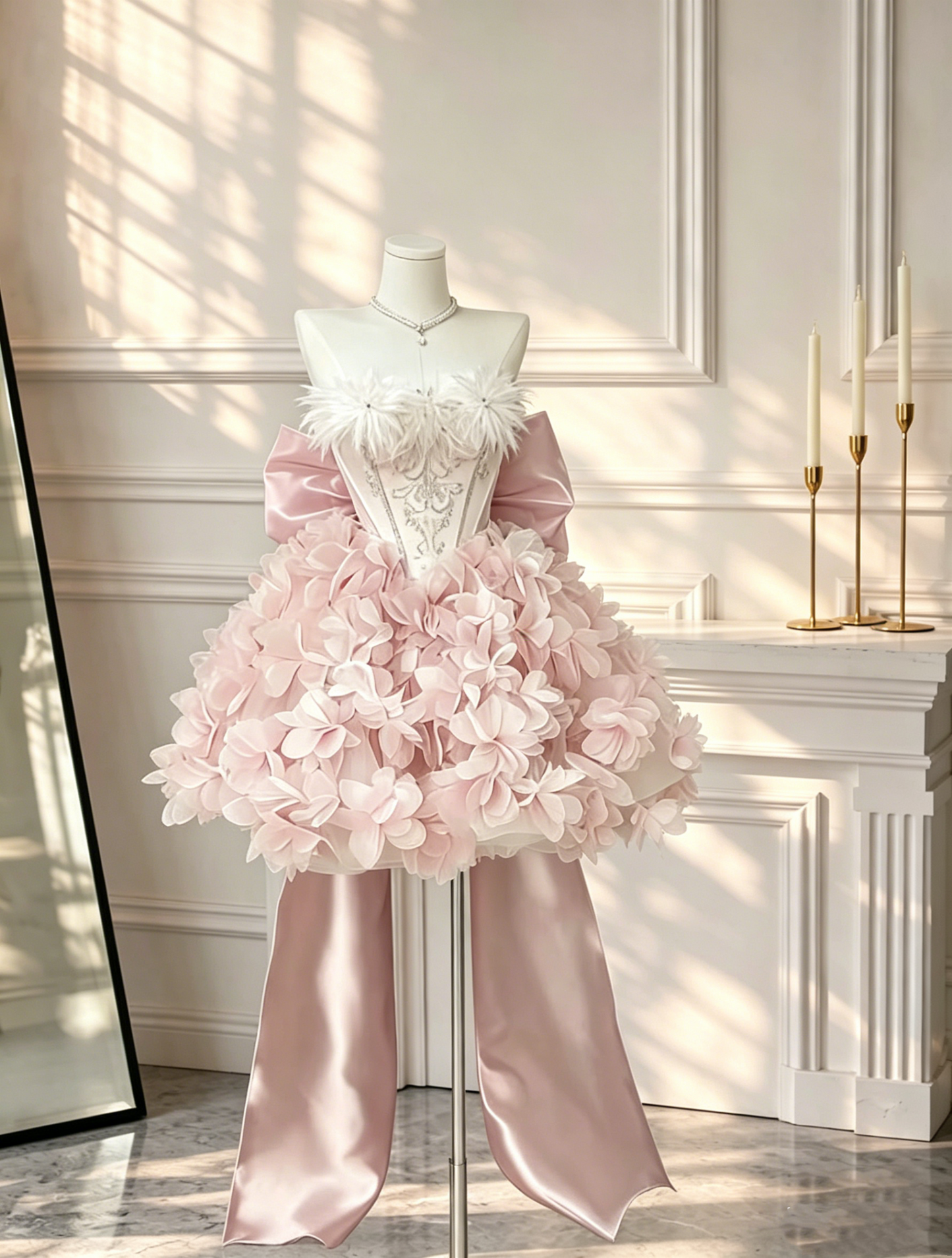 Fairy Strapless Pink Satin Petals Floral A Line Short 16th Birthday Outfits Formal Graduation Homecoming Dress With Bow D2705