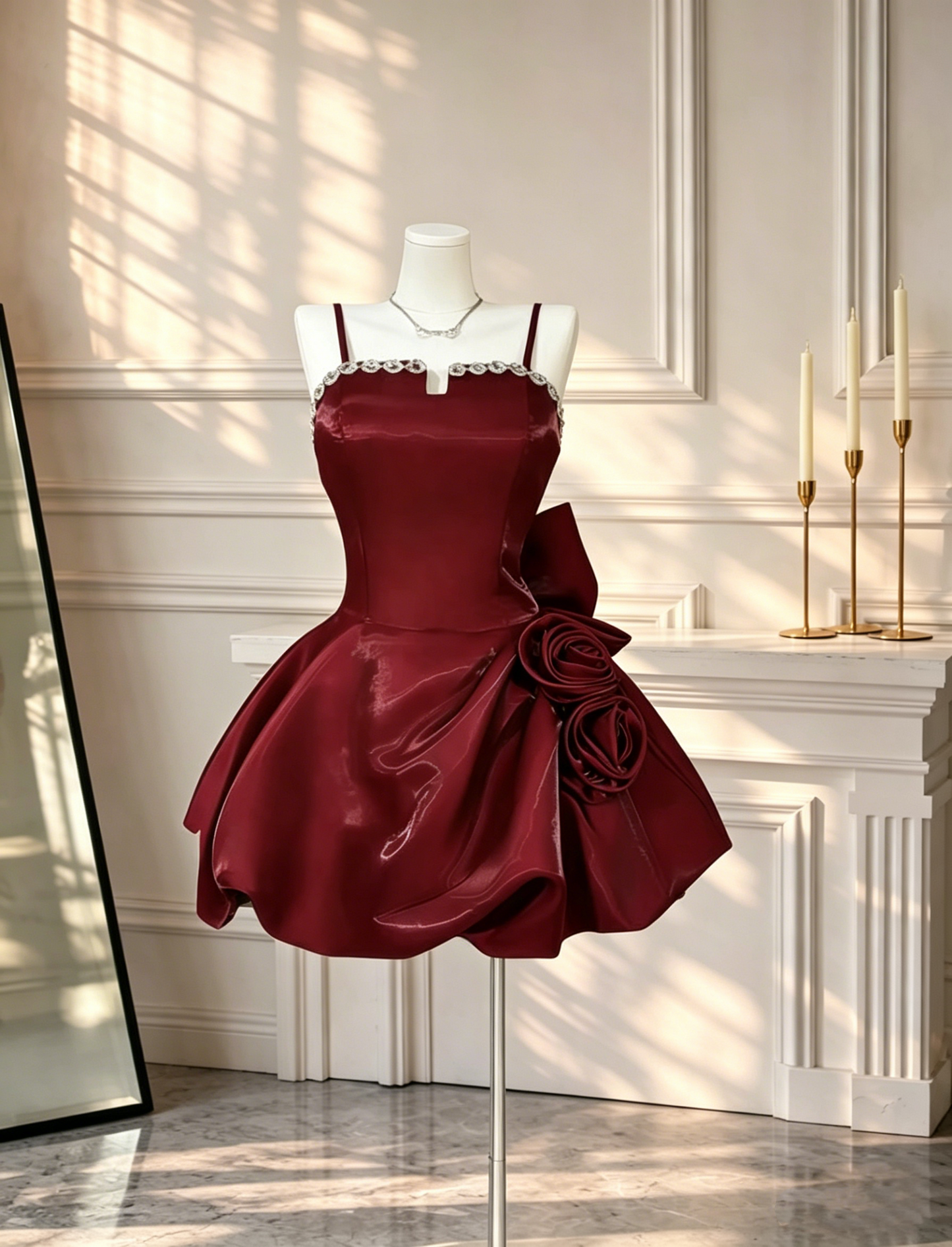 Charming Burgundy Spaghetti Straps Satin 3D Rose Floral Short Cocktail Dress Birthday Outfits With Beads D2620