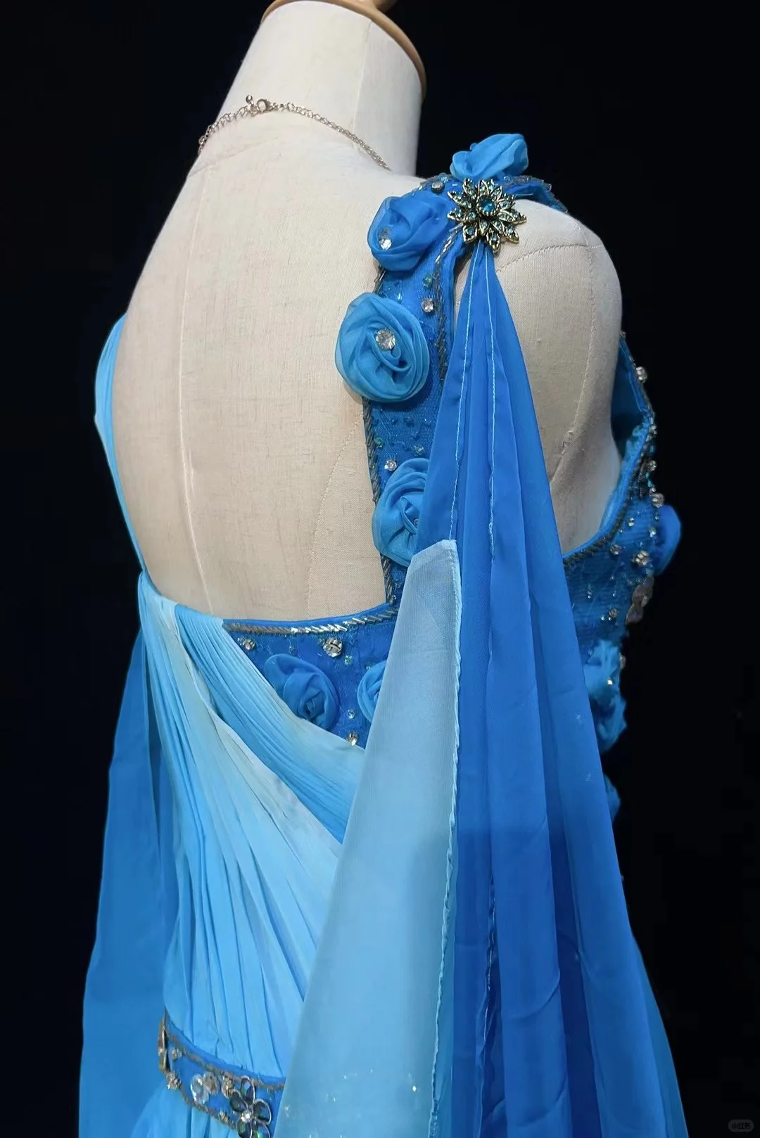 Elegant V Neck Ombre Blue Chiffon Beaded Mermaid Long Party Dress Evening Dress D2847