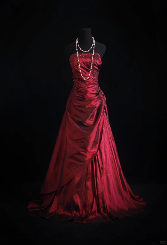 Retro Burgundy Strapless Satin Pleated Beaded Long Prom Dress Evening Gown D2856