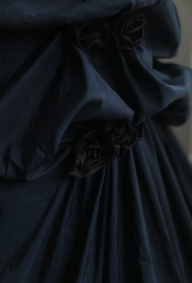 Vintage Navy Blue Strapless Satin Pleated Mermaid Long Evening Dress Birthday Prom Dress D2328