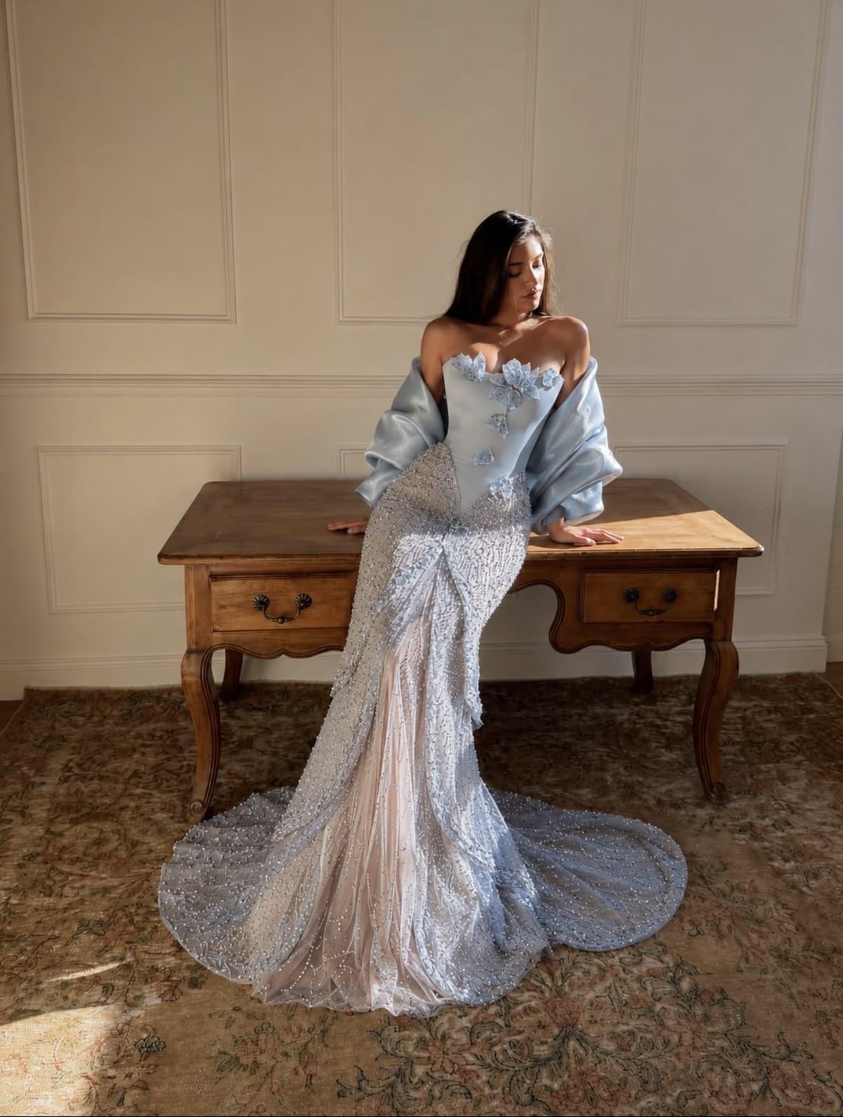 Glamorous Satin Tulle Beaded Mermaid Long Evening Dress Blue Strapless Long Birthday Party Dress D4417