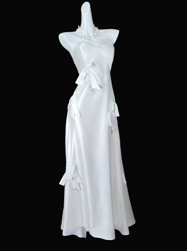Fairy Sweetheart Neck White Satin Bow Long Party Dress Long Wedding Guest Dress D4167