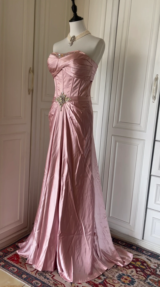 Fashion Strapless Satin Pleated Beaded Mermaid Party Gown,Pink Long Evening Dress D3109