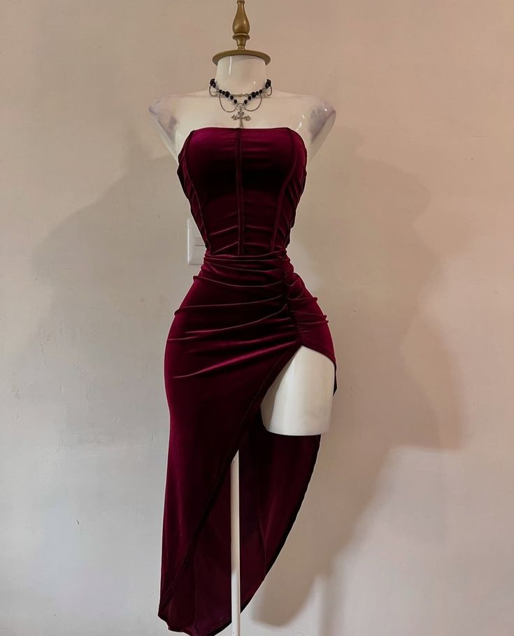 Sexy Strapless Slit Party Dress Burgundy Birthday Dress S268 – SweetDress