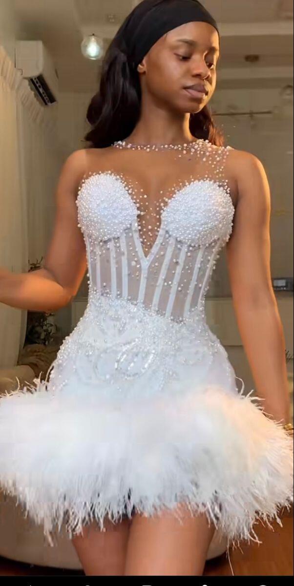 Charming Sleeveless White Satin Beaded Feathers Short Homecoming Dress Cocktail Dress D4457