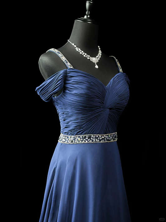 Elegant Off The Shouler Navy Blue Chiffon Beaded A Line Long Party Dress Evening Dress D2511
