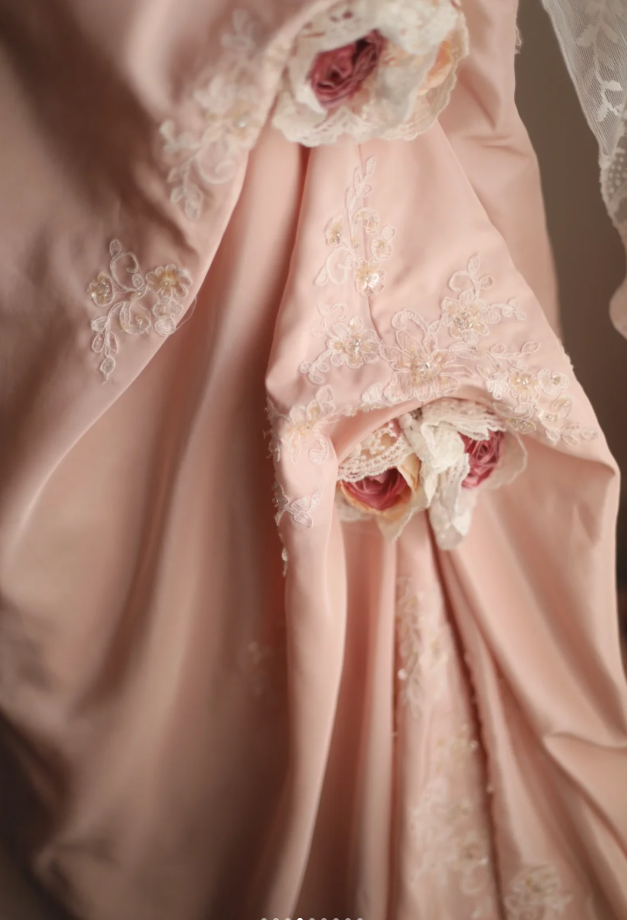 Pretty Pink Strapless Satin Lace Appliques Mermaid Long Party Dress Birthday Dress With 3D Flowers D2330