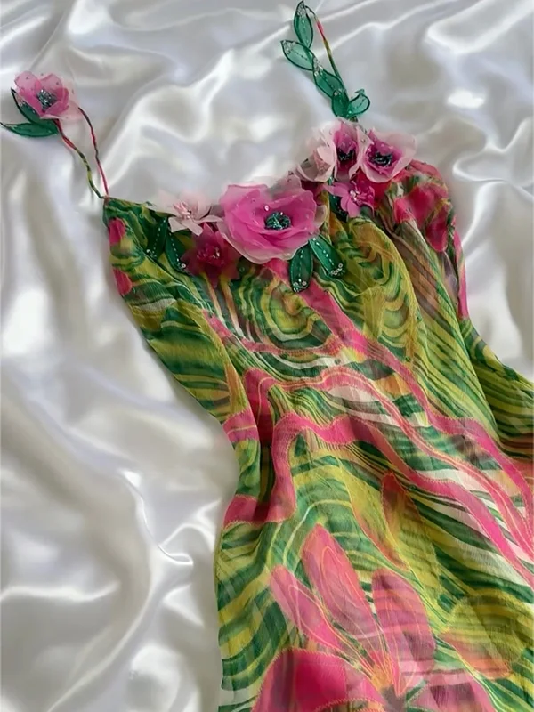 Vintage Spaghetti Straps Chiffon Print Floral Long Prom Dress Formal Birthday Party Dress D709