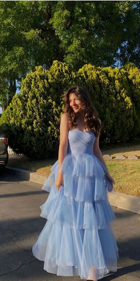 Elegant Blue Strapless Tulle Layered A Line Long Wedding Guest Dress Evening Dress D1873