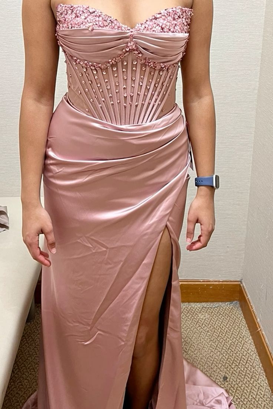 Pretty Pink Sweetheart Neck Satin Beaded Slit Mermaid Prom Dress Long Party Gown D2903