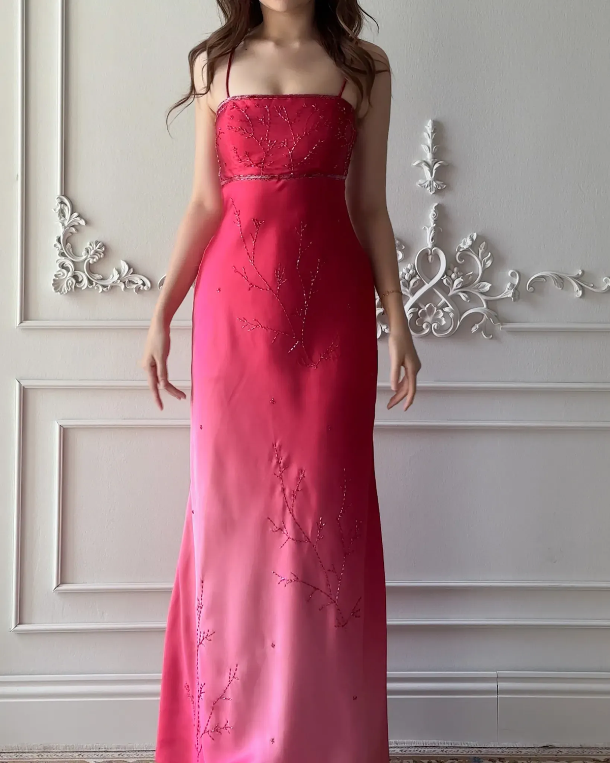 Glamorous Red-to-Pink Ombre Satin Beaded Mermaid Long Evening Dress Party Gown D5420