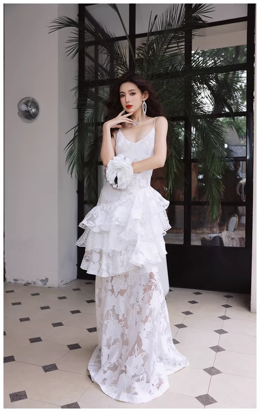Fairy Spaghetti Strap White Lace Ruffle Layered Mermaid Long Prom Dress Evening Gowns D2426