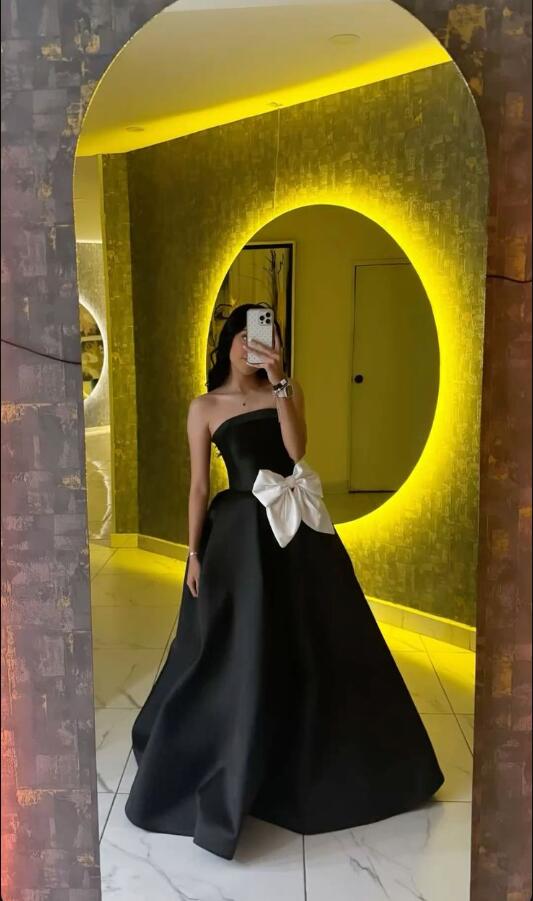 Classy Strapless Satin Bow Long Wedding Guest Dress Black Long Evening Dress Party Gown D4578