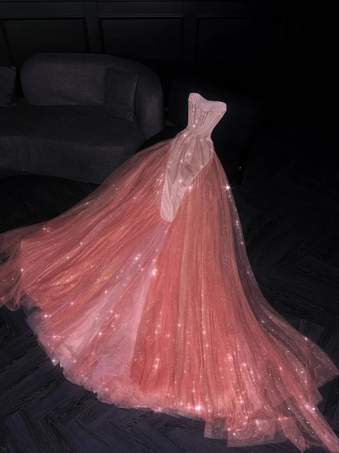 Pretty Strapless Satin Tulle Sequin Beaded Long Party Dress Pink Mermaid Long Evening Dress D4561