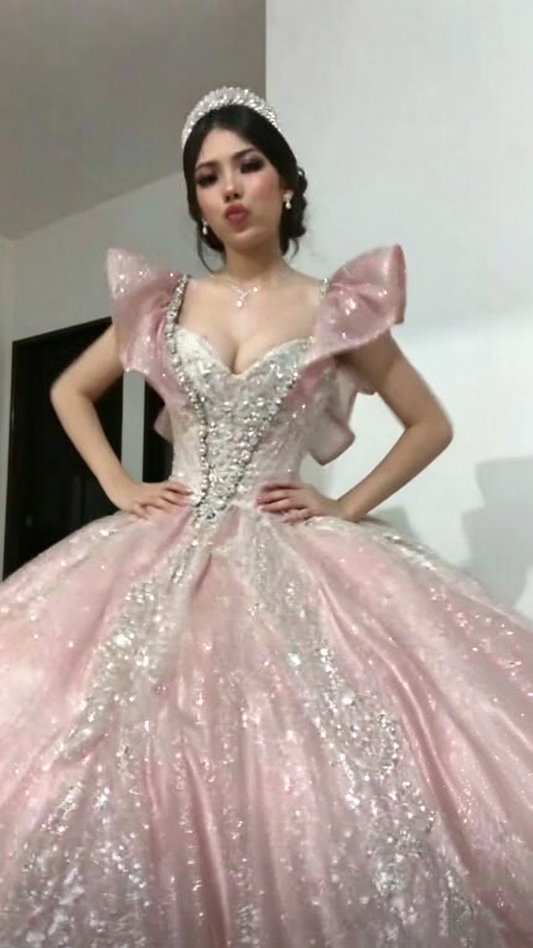 Glitter Pink Tulle Beaded Appliques Quinceanera Dress Sweet 15 16 Dress D4771