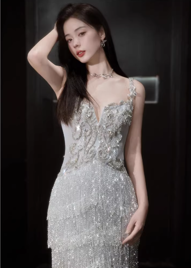 Glitter Spaghetti Straps Silver Satin Beaded Layered Tassel Long Party Dress Evening Gown D2218
