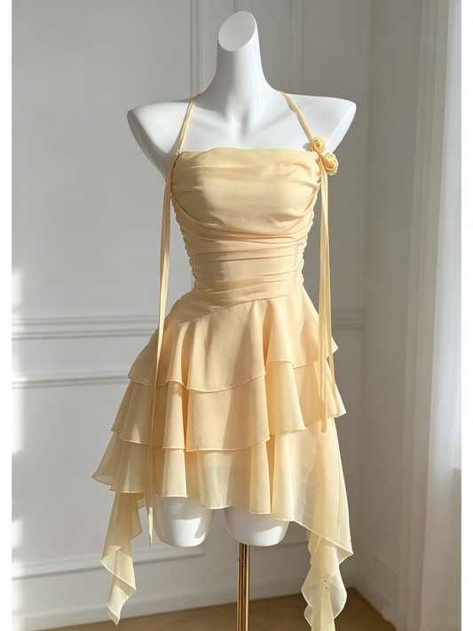 Halter Yellow Chiffon Layered Short Birthday Cute Vacation Dress D479