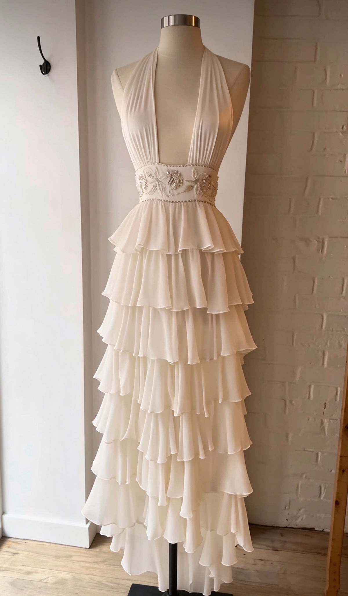 Classy Deep V Beaded Chiffon Layered Long Birthday Party Dress,Off-white Long Evening Dress D4627