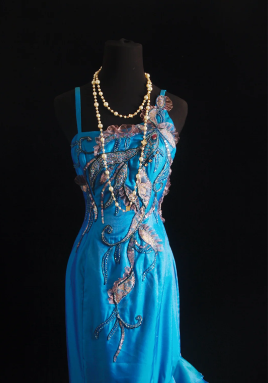 Unique Blue Green Strapless Satin Beaded Long Wedding Guest Dress Formal Birthday Party Dress Prom Gown D2001