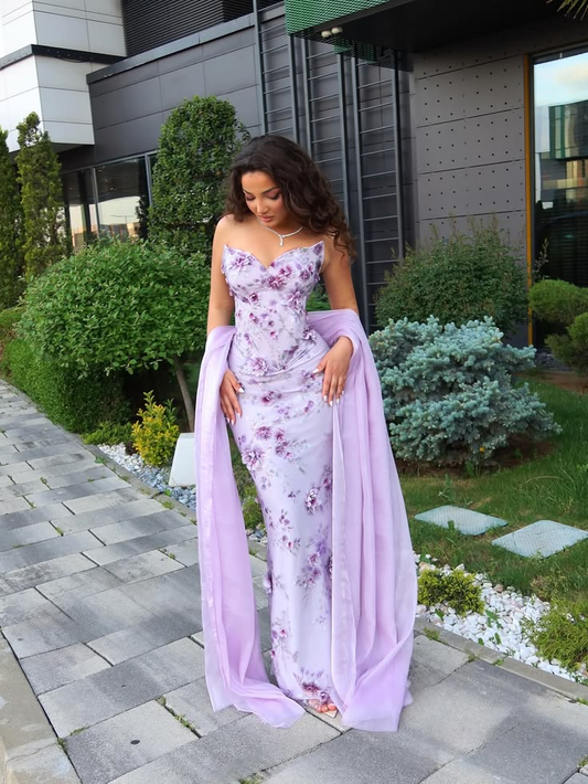 Vintage Purple Strapless Satin Floral Mermaid Long Party Dress Prom Dress D4361