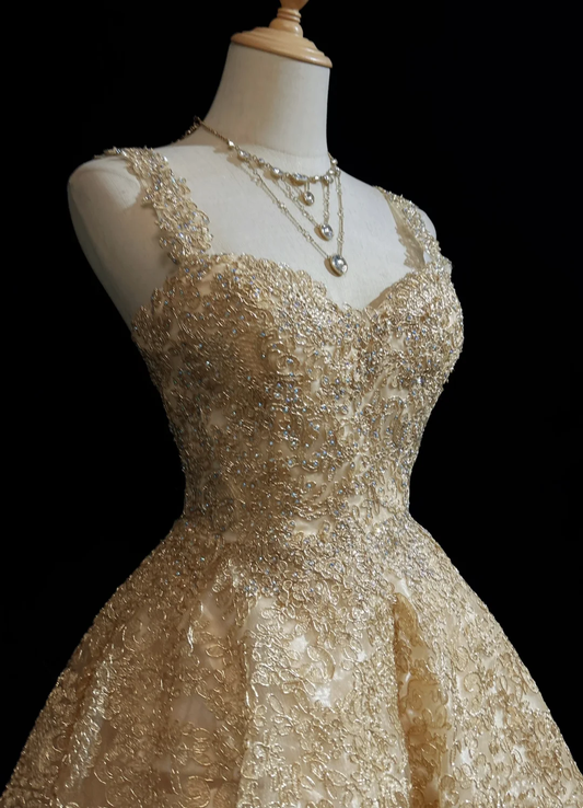 Gorgeous Gold Lace Sequin Beaded A Line Short 17th Birthday Outfits,Formal Graduation Homecoming Dress D3356