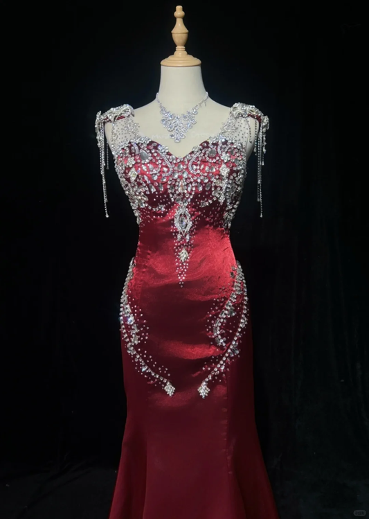 Gorgeous Burgundy Satin Beaded Mermaid Long Party Dress Evening Gown D3117