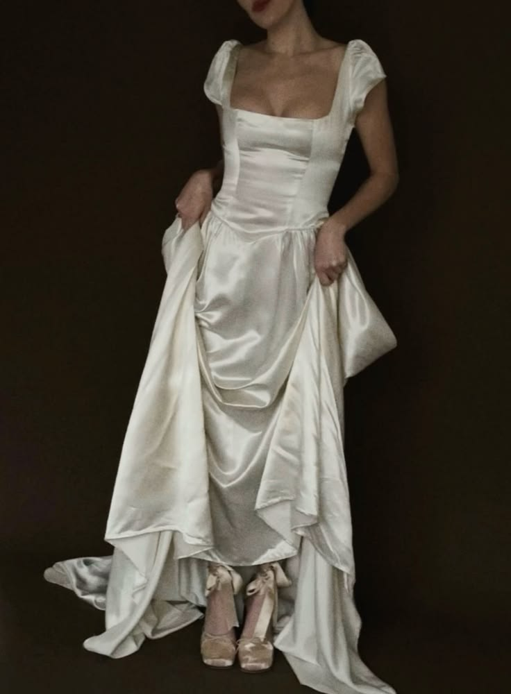 Elegant Square Neck White Satin A Line Long Wedding Dress D5140